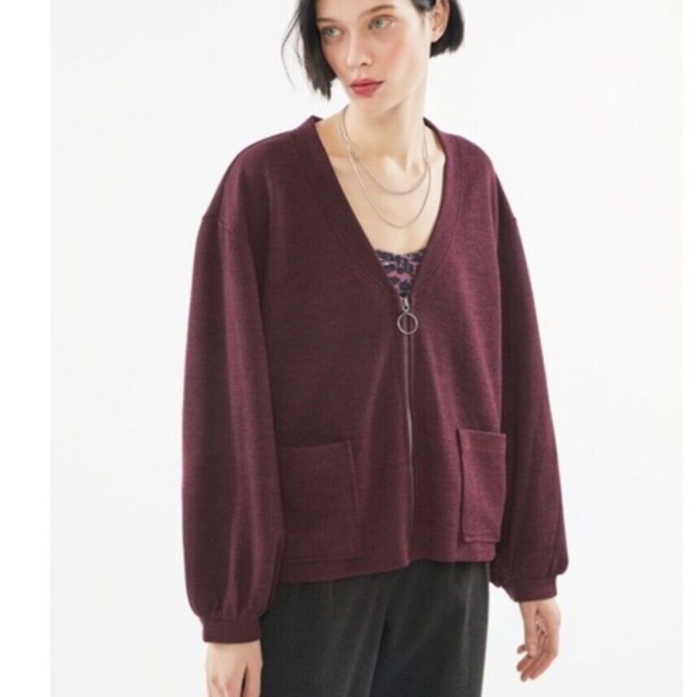 Urban Outfitters Jamie Oversized Zip Up Pockets Maroon Cardigan Size S